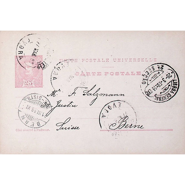 1902 Bilhete Postal Inteiro D. Carlos 25 r. Rosa enviado de Évora para Berna