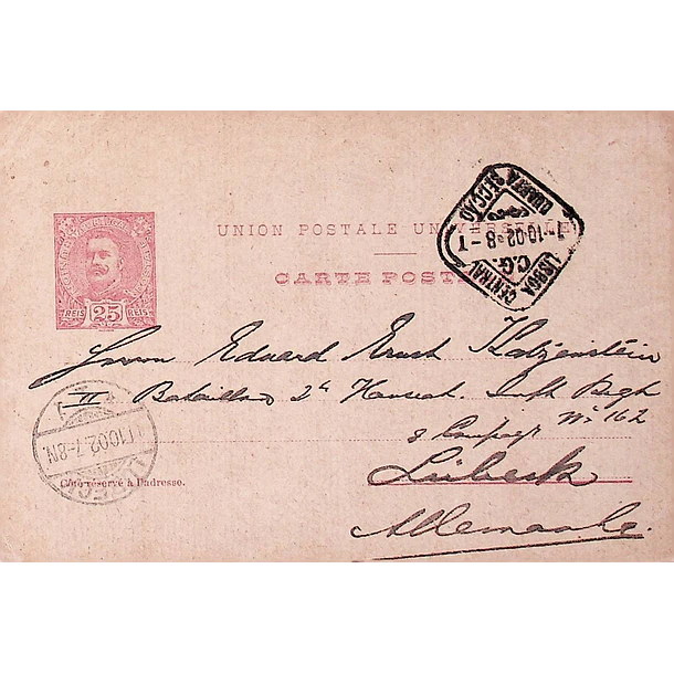 1902 Bilhete Postal Inteiro D. Carlos 25 r. Rosa enviado de Lisboa para Lubeck