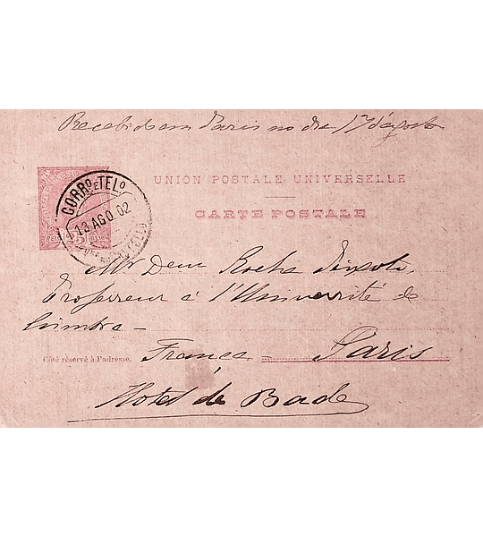 1902 Bilhete Postal Inteiro D. Carlos 25 r. Rosa enviado de Viana do Castelo para Paris