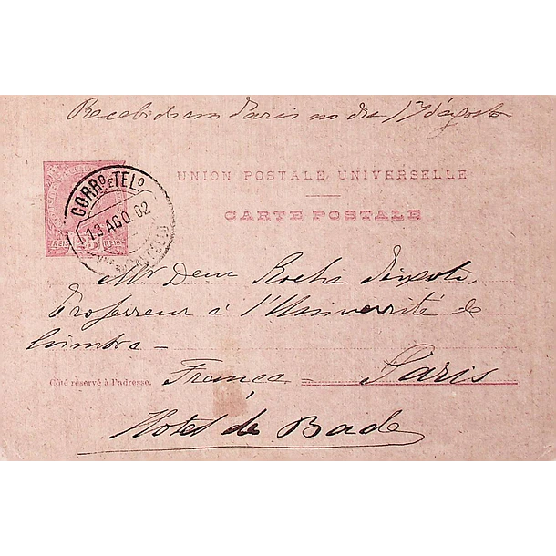 1902 Bilhete Postal Inteiro D. Carlos 25 r. Rosa enviado de Viana do Castelo para Paris