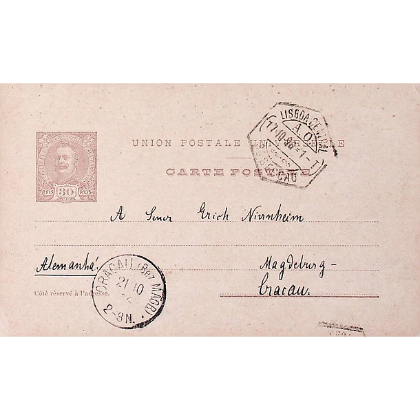 1902 Bilhete Postal Inteiro D. Carlos 30 r. Castanho enviado de Lisboa para Magdeburgo