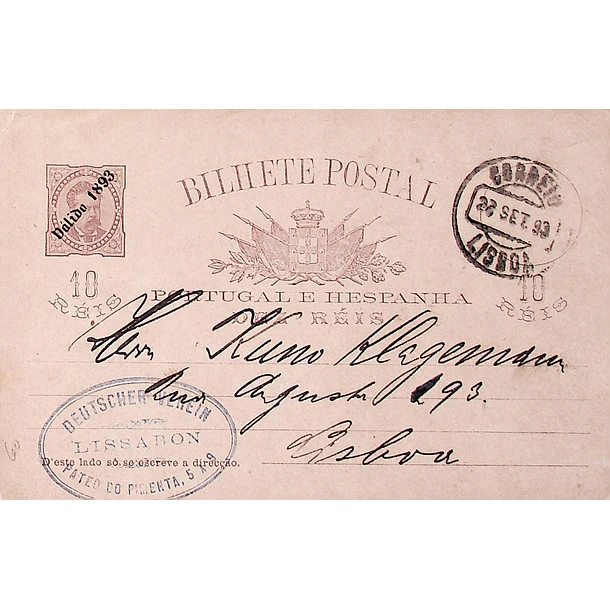 1893 Bilhete Postal Inteiro Provisório D. Luís 10 r. Castanho-vermelho circulado em Lisboa
