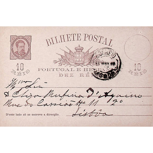 1888 Bilhete Postal Inteiro D. Luís I 10 r. Castanho escuro circulado em Lisboa