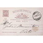 1889 Bilhete Postal Inteiro D. Luís I 10 r. Castanho escuro enviado de Lisboa para o Porto 1