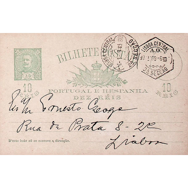 1899 Bilhete Postal Inteiro D. Carlos 10 r. Verde-azul escuro circulado em Lisboa 1