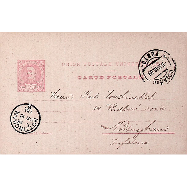 1900 Bilhete Postal Inteiro D. Carlos 25 r. Rosa enviado do Porto para Nothingham