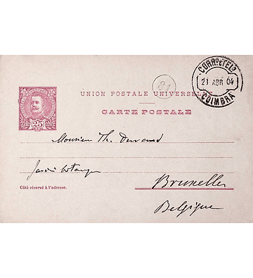 1904 Bilhete Postal Inteiro D. Carlos 25 r. Rosa enviado de Coimbra para Bruxelas