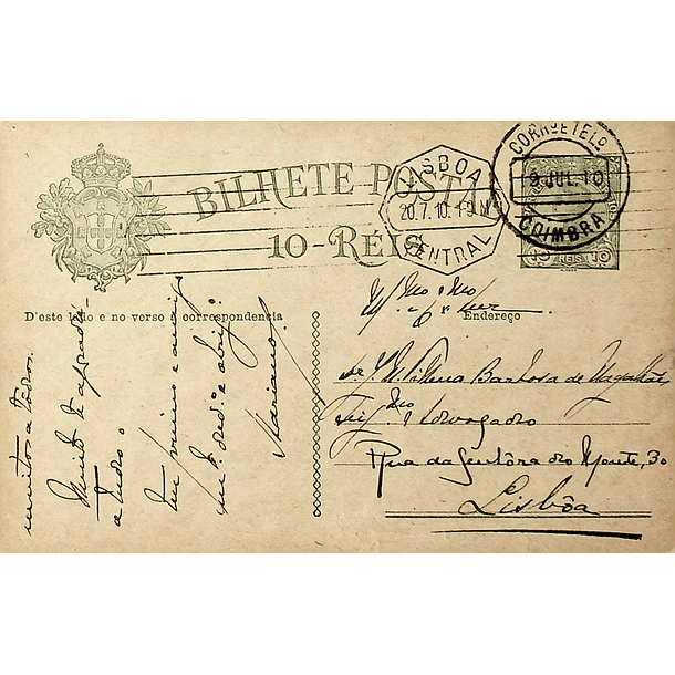 1910 Bilhete Postal Inteiro D. Manuel II 10 r. Verde escuro enviado de Coimbra para Lisboa 1
