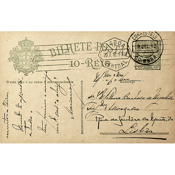 1910 Bilhete Postal Inteiro D. Manuel II 10 r. Verde escuro enviado de Coimbra para Lisboa