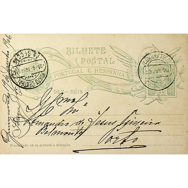 1906 Bilhete Postal Inteiro D. Carlos 10 r. Verde-azul enviado de Guimarães para o Porto