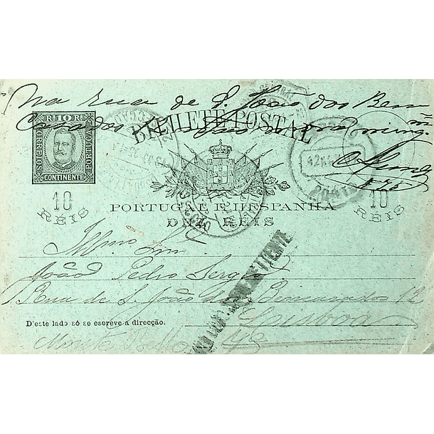 1895 Bilhete Postal Inteiro D. Carlos 10 r. Lilás-castanho enviado do Porto para Lisboa e devolvido ao remetente