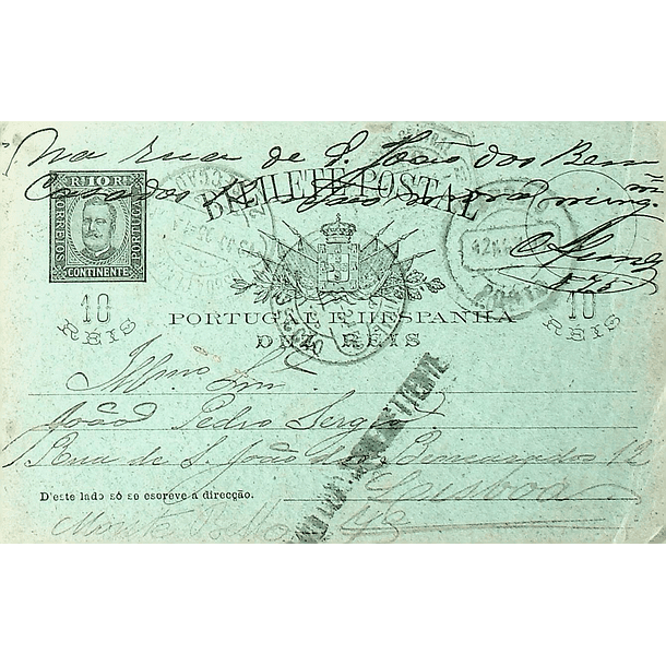 1895 Bilhete Postal Inteiro D. Carlos 10 r. Lilás-castanho enviado do Porto para Lisboa e devolvido ao remetente 1