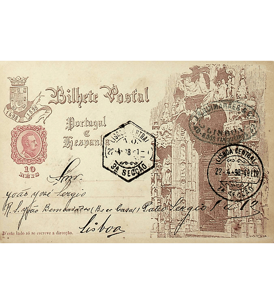 1898 Bilhete Postal Inteiro IV Centenário da Índia circulado em Lisboa