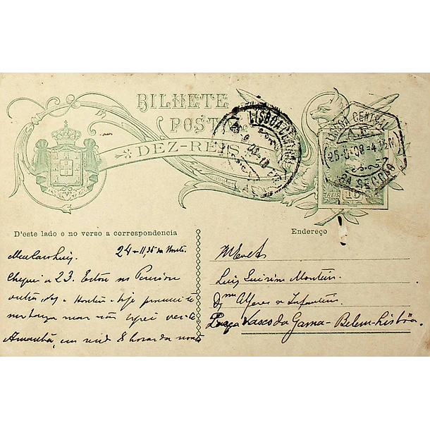 1908 Bilhete Postal Inteiro D. Carlos 10 r. Verde-azul escuro circulado em Lisboa 1
