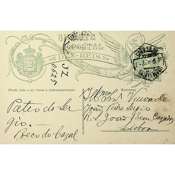 1908 Bilhete Postal Inteiro D. Carlos 10 r. Verde-azul escuro circulado em Lisboa 1