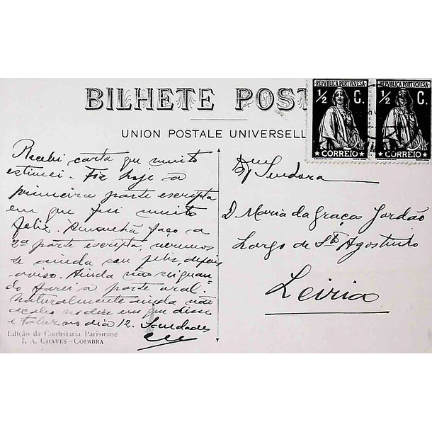1910's Bilhete Postal de Coimbra. Igreja de Santa Cruz e Câmara Municipal