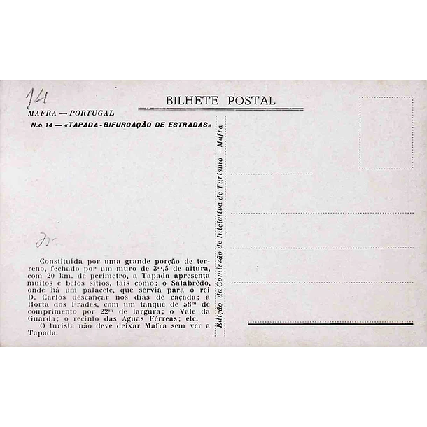 1930's Bilhete Postal de Mafra. Tapada. Bifurcação de Estradas