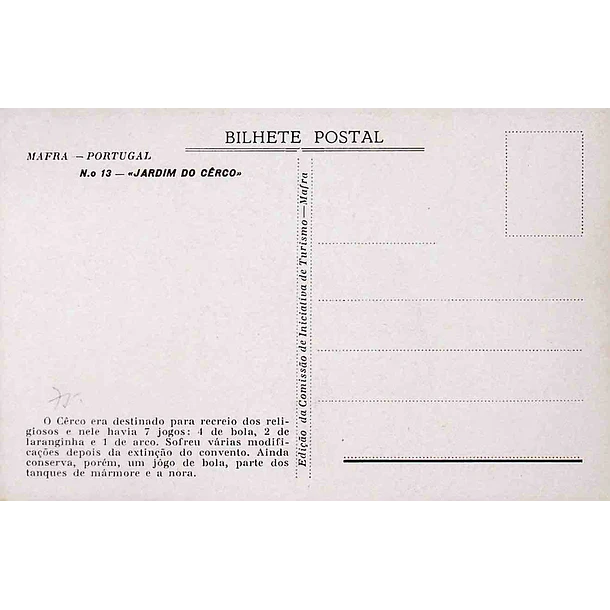 1930's Bilhete Postal de Mafra. Jardim do Cerco