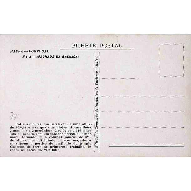 1930's Bilhete Postal de Mafra. Fachada da Basílica