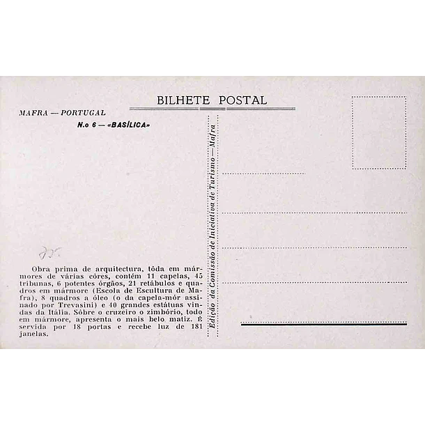 1930's Bilhete Postal de Mafra. Basílica