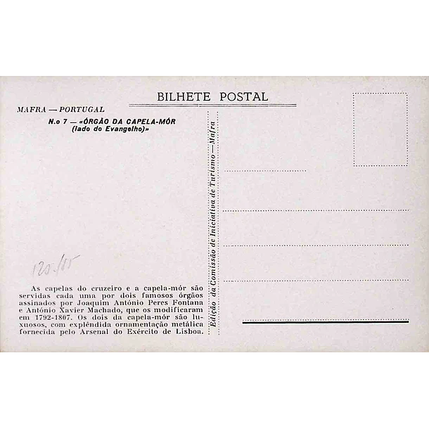 1930's Bilhete Postal de Mafra. Órgãos da Capela-Mor