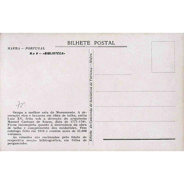 1930's Bilhete Postal de Mafra. Biblioteca