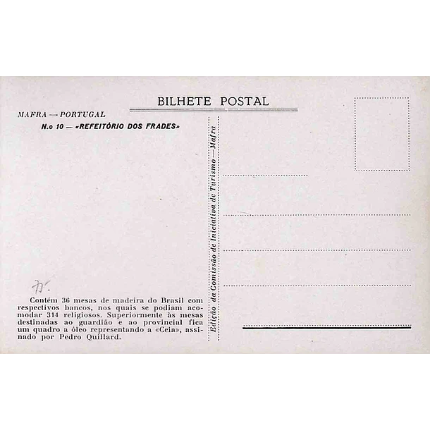 1930's Bilhete Postal de Mafra. Refeitório dos Frades