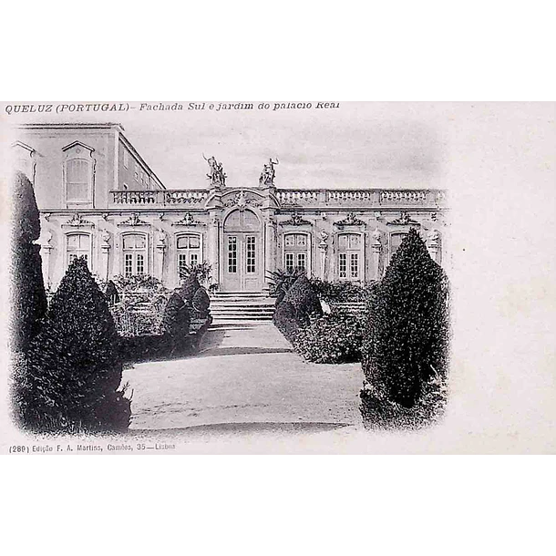 1902 Bilhete Postal de Queluz. Fachada Sul e Jardim do Palácio Real