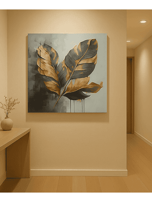 Cuadro decorativo hoja dorado y negro 50x50 montado en base madera MDF