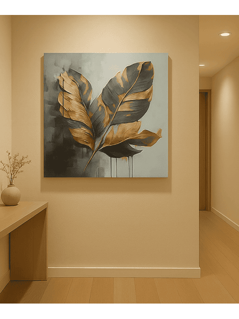 Cuadro decorativo hoja dorado y negro 50x50 montado en base madera MDF 2