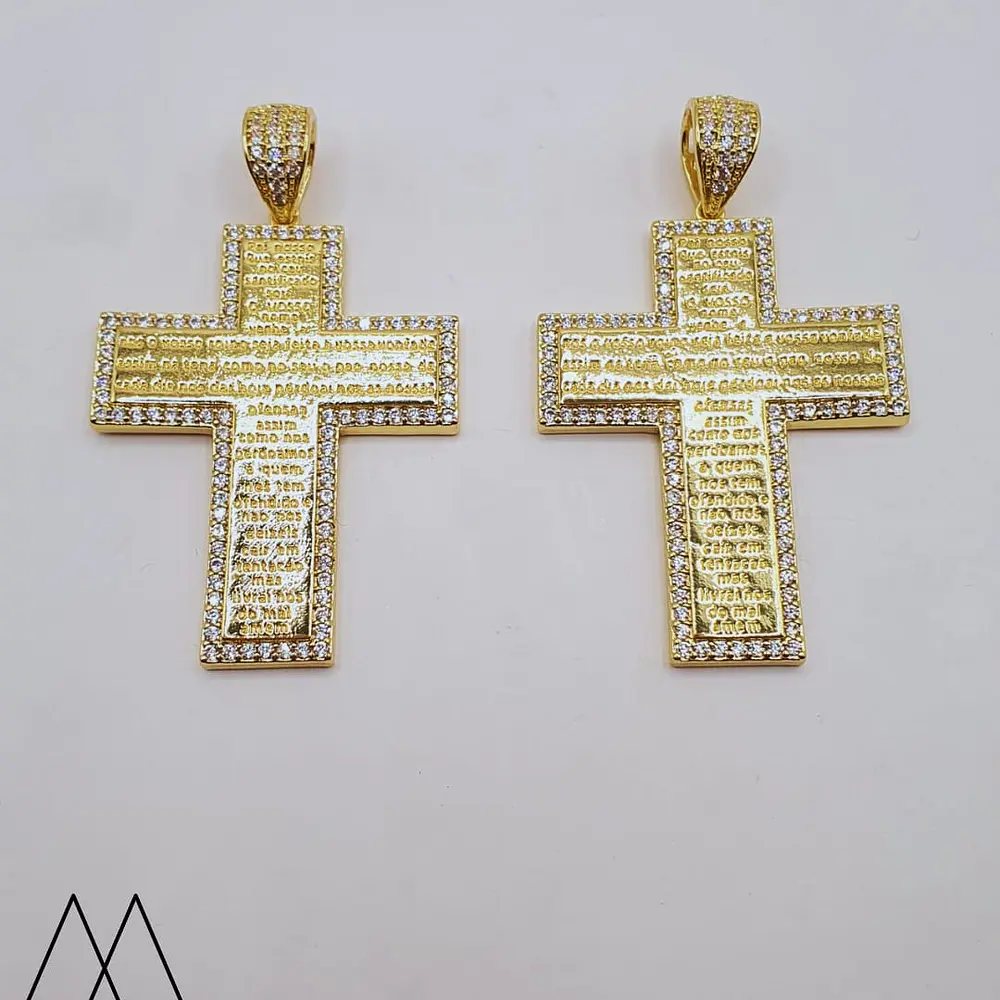 Colgante Cruz Padre Nuestro dorado, con zircón 60mm