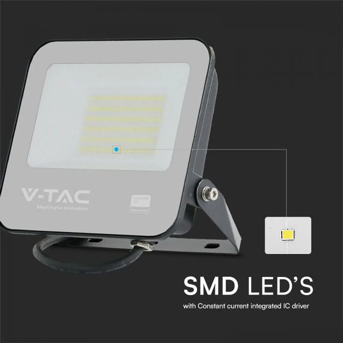 Projetor LED Chip Samsung 50W 6500K Corpo Preto/Vidro Cinza V-TAC 3