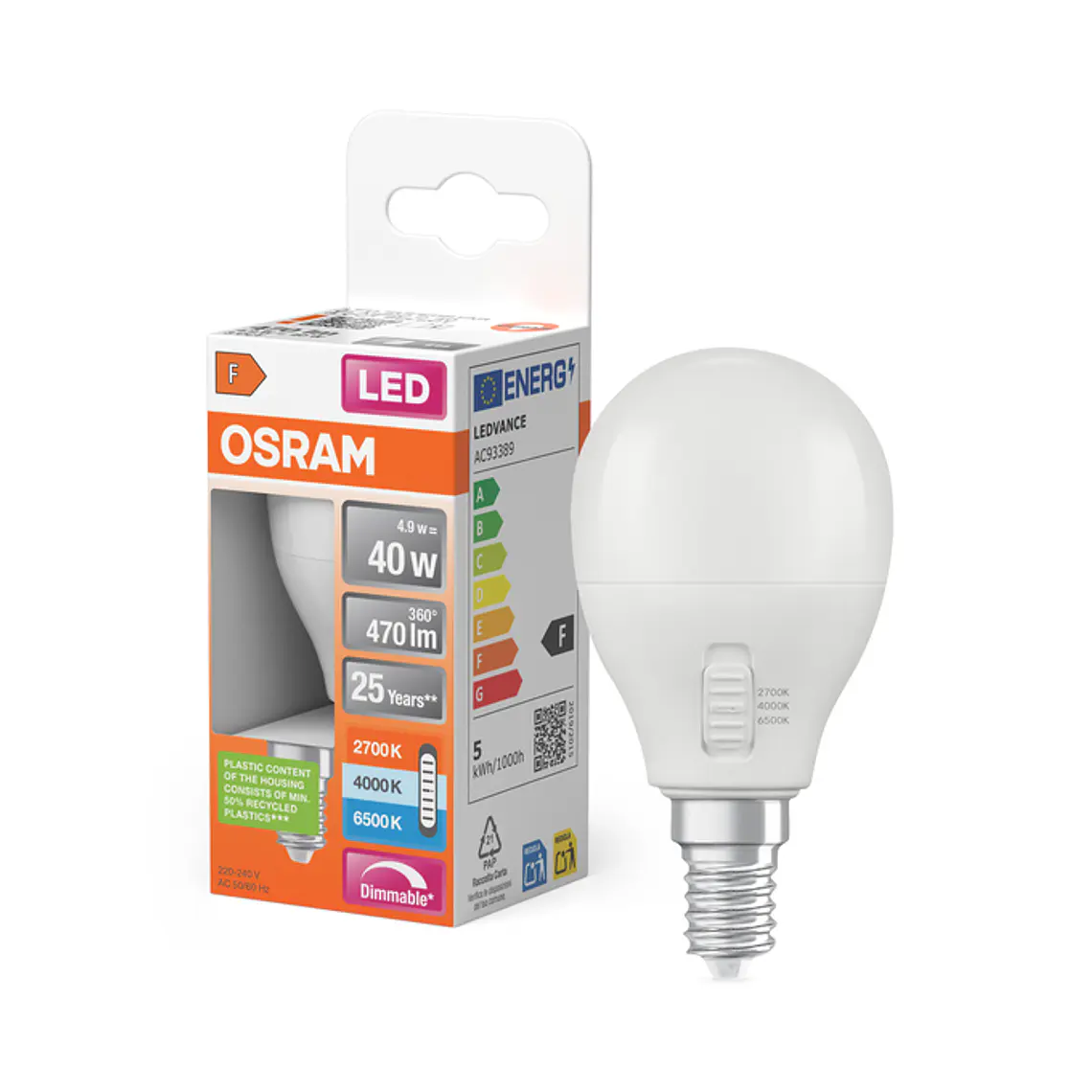 Lâmpada LED Classic P40 DIM CCT Select 4.9W 827/840/865 E14 frosted Ledvance 3