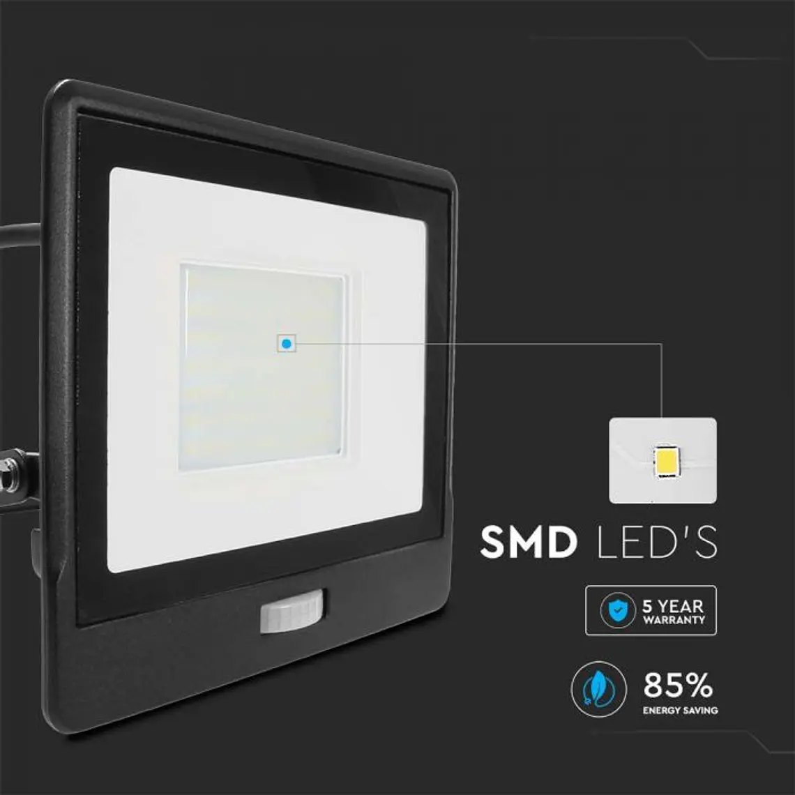Projetor LED 50W c/sensor PIR Samsung Chip, 1m de cabo Corpo Preto V-TAC 5