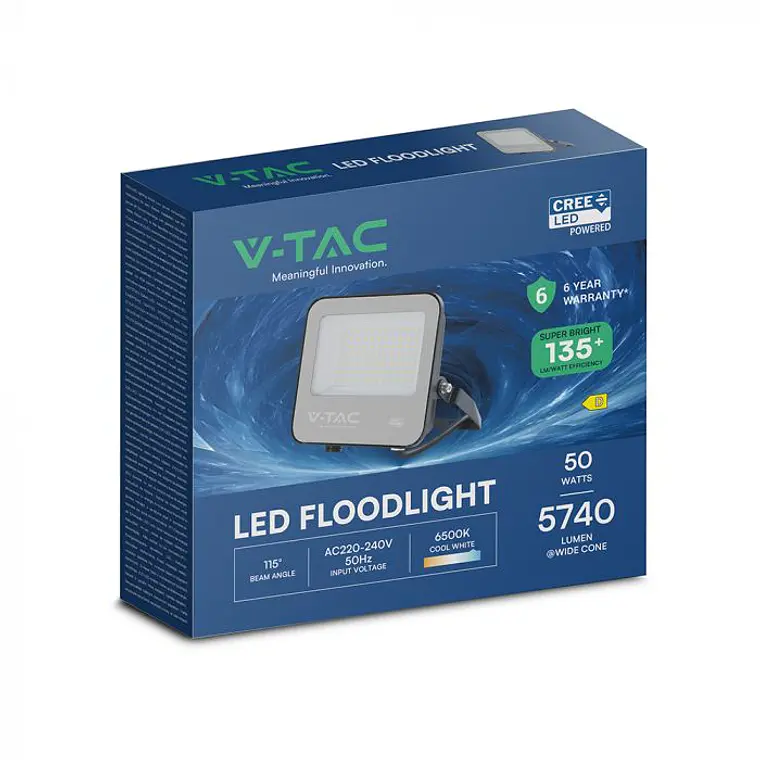 Projetor 50W 6500K 135LM/W IP65 chip CREE Corpo Preto/Vidro Cinzento V-TAC 5
