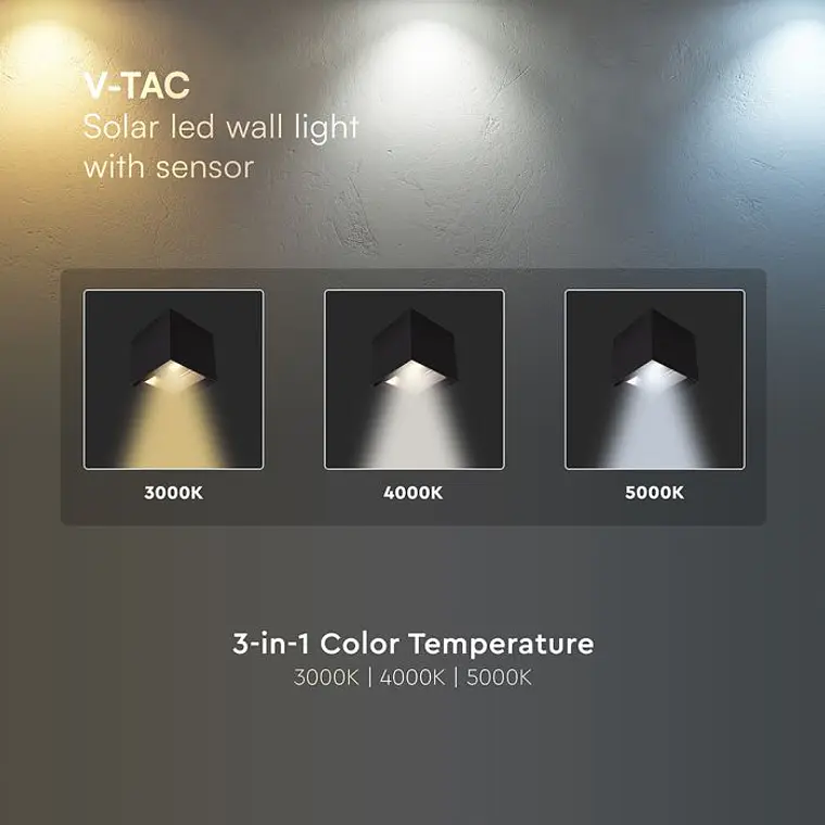 Aplique de parede solar LED 9W c/sensor PIR 3IN1 IP65 Preto V-TAC 4