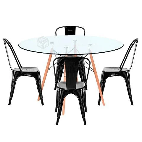 Comedor Redondo Vidrio 4 Sillas Tolix – Mesa 80cm