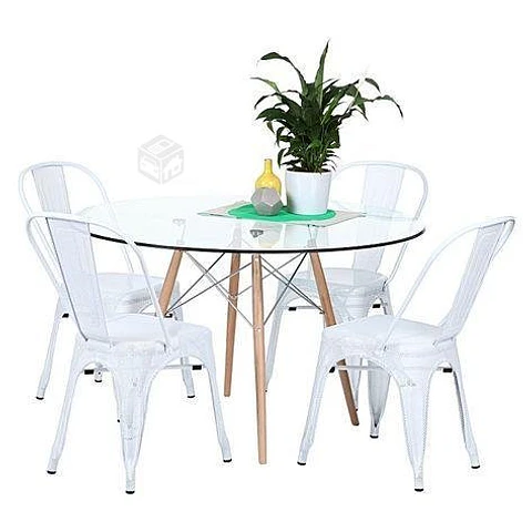 Comedor Redondo Vidrio 4 Sillas Tolix – Mesa 80cm