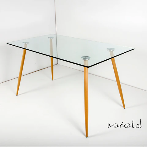 Mesa Rectangular Francia con Cubierta de Vidrio y Patas Metálicas Terminación Madera 130x80
