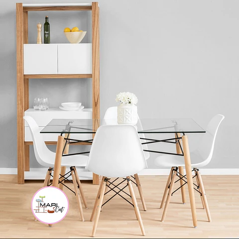 Mesa Rectangular europeo vidrio metal + 4 sillas eames polipropileno- comedor 120cm
