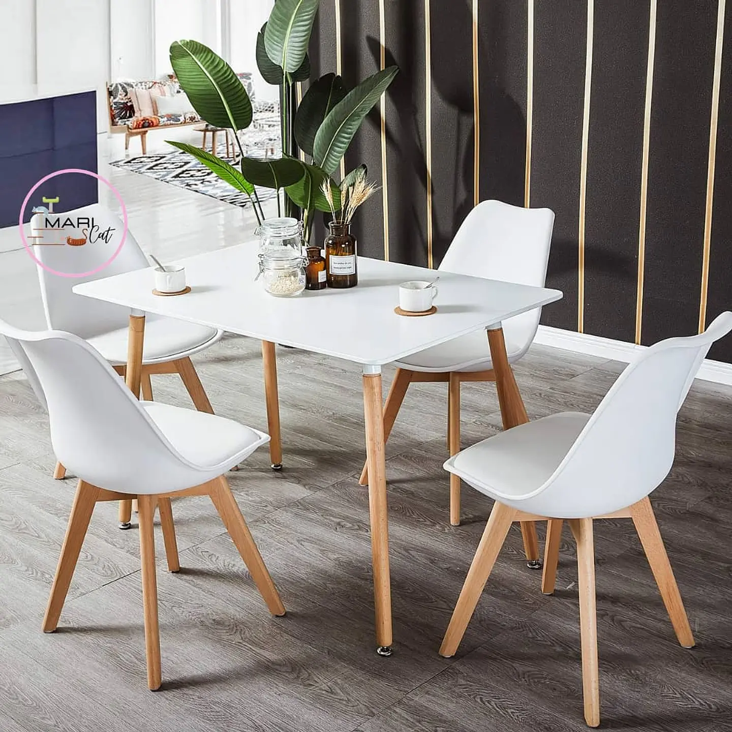 Mesa Rectangular Eames MDF + 4 Sillas Tulip Polipropileno con cojin- comedor 10