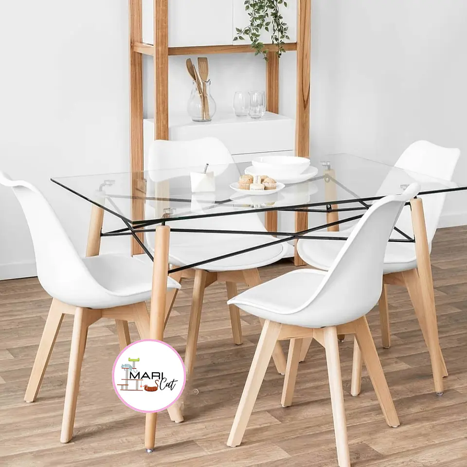 Mesa Rectangular europeo vidrio + 4 sillas tulip polipropileno con cojin - comedor 140cm 6