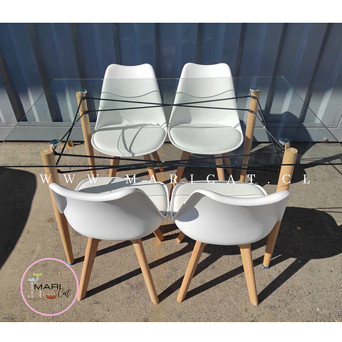 Mesa Rectangular Europeo vidrio metal + 4 sillas Tulip polipropileno con cojin- Comedor 140cm