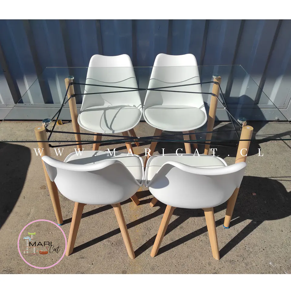 Mesa Rectangular europeo vidrio + 4 sillas tulip polipropileno con cojin - comedor 140cm 1