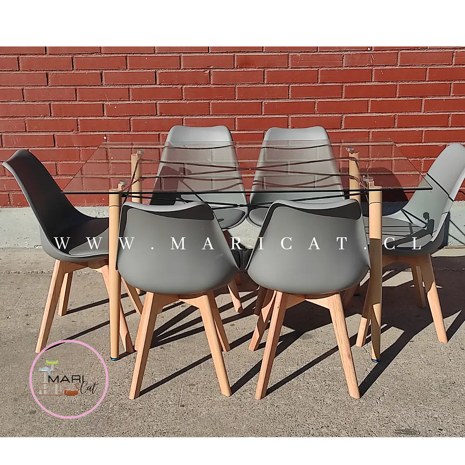 Mesa Rectangular europeo vidrio + 6 sillas tulip polipropileno con cojin - comedor 140cm 7