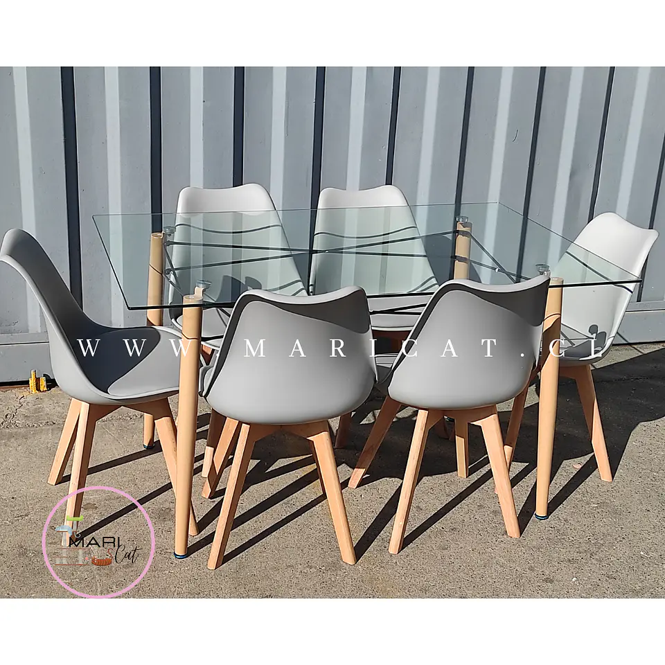 Mesa Rectangular europeo vidrio + 6 sillas tulip polipropileno con cojin - comedor 140cm 4