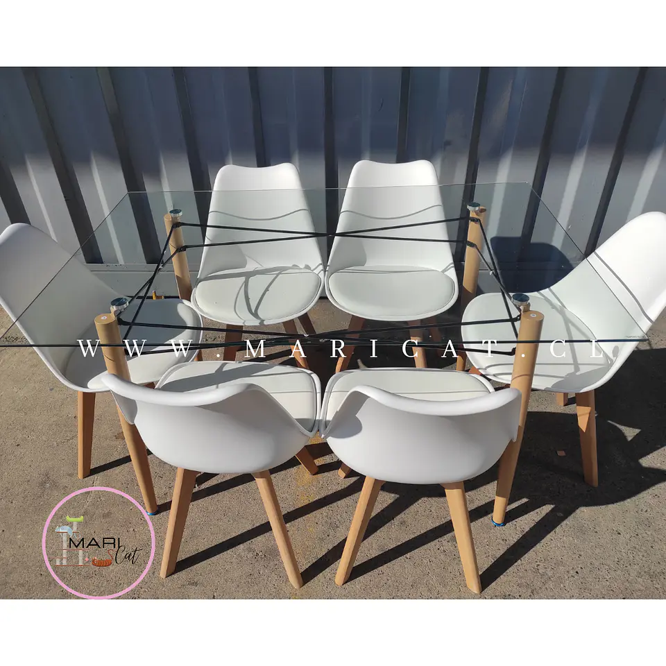 Mesa Rectangular europeo vidrio + 6 sillas tulip polipropileno con cojin - comedor 140cm 5