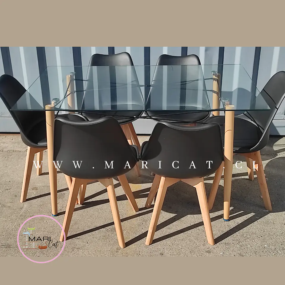Mesa Rectangular europeo vidrio + 6 sillas tulip polipropileno con cojin - comedor 140cm 6