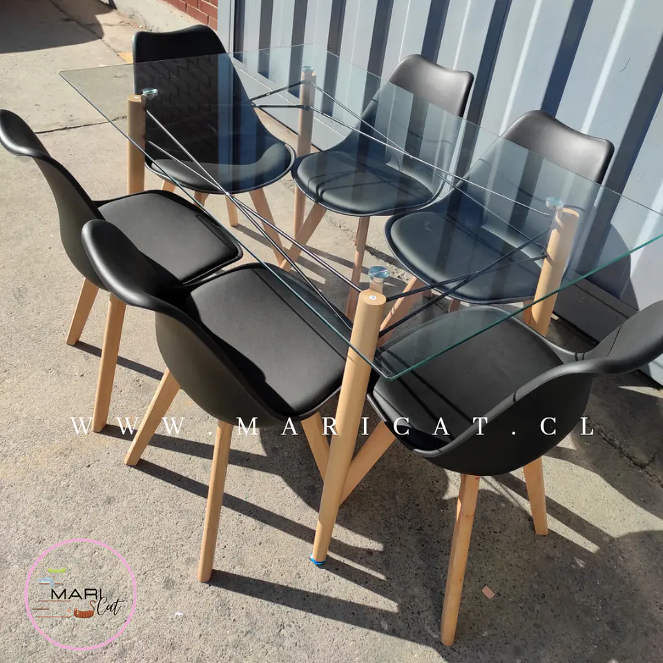Mesa Rectangular europeo vidrio + 6 sillas tulip polipropileno con cojin - comedor 140cm 3