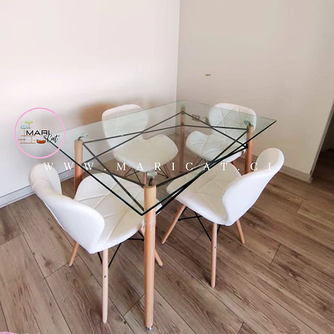 Mesa Rectangular europeo vidrio metal + 4 sillas mariposa ecocuero acolchada eames- comedor 140cm